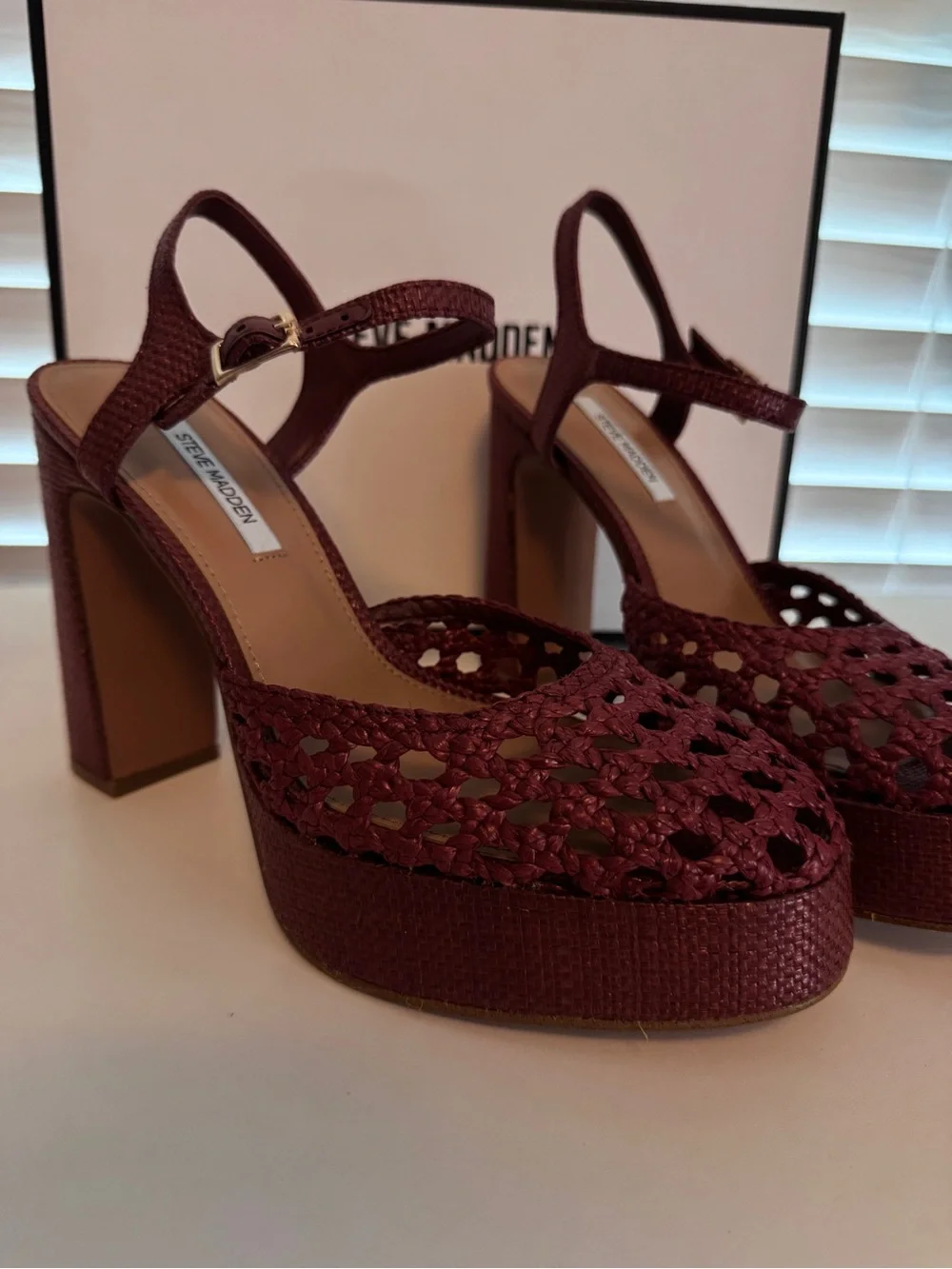 Steve Madden Lexie Raffia Woven Red Platform Block Heels